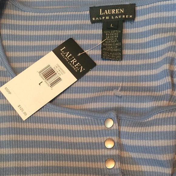 RALPH LAUREN Size LARGE Pullover Henley Dual-Blue Striped Ribbed Cotton $125 NEW - Picture 6 of 8